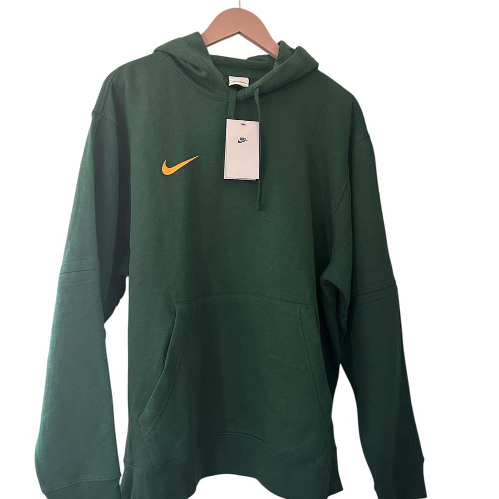 Nike Men's Dark Green Hoodie with Yellow Swoosh